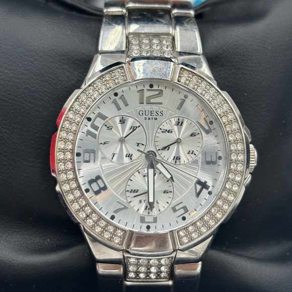 GUESS Prism Mineral Crystal SS Silver Bracelet Chronograph Watch, w/ Box - Picture 2 of 5